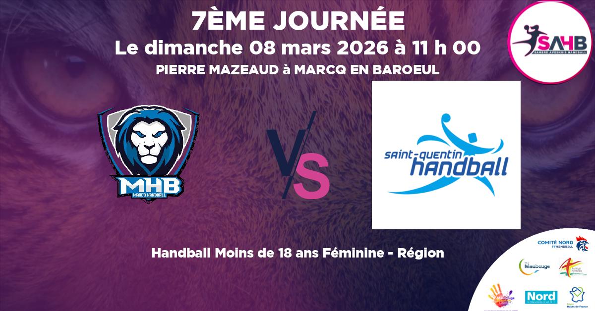 Moins de 18 ans Féminine - Région handball, MARCQ U18F VS SAINT QUENTIN - PIERRE MAZEAUD à MARCQ EN BAROEUL à 11 h 00