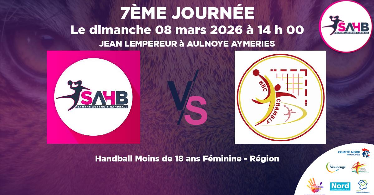 Moins de 18 ans Féminine - Région handball, SAMBRE AVESNOIS VS PAYS DE THELLE CHAMBLY U18F - JEAN LEMPEREUR à AULNOYE AYMERIES à 14 h 00