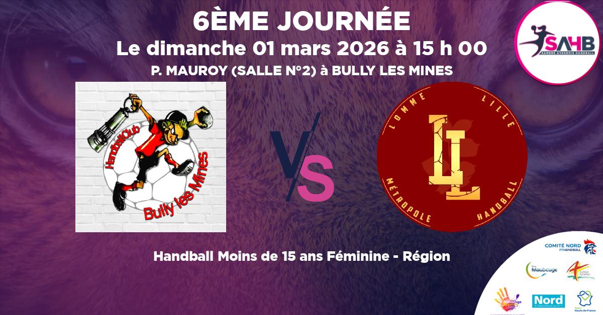 Moins de 15 ans Féminine - Région handball, BULLY LES MINES VS LILLE METROPOLE LOMME - MON'S'PORT -15F - P. MAUROY (SALLE N°2) à BULLY LES MINES à 15 h 00