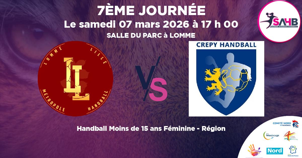 Moins de 15 ans Féminine - Région handball, LILLE METROPOLE LOMME - MON'S'PORT -15F VS CREPY EN VALOIS - SALLE DU PARC à LOMME à 17 h 00