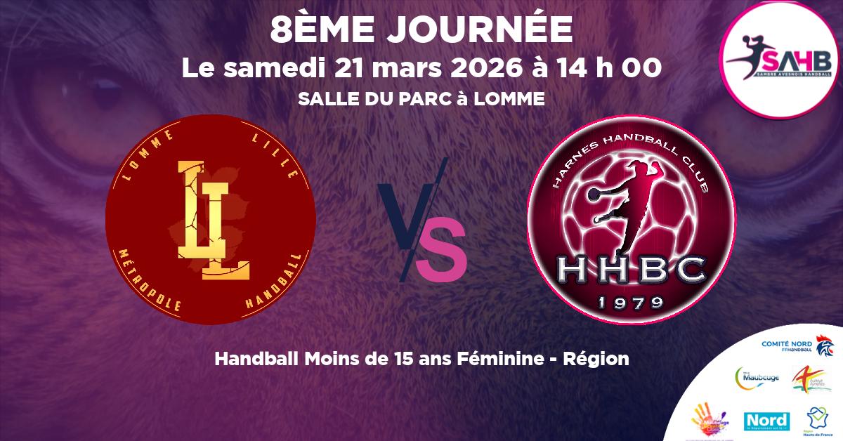 Moins de 15 ans Féminine - Région handball, LILLE METROPOLE LOMME - MON'S'PORT -15F VS HARNES - SALLE DU PARC à LOMME à 14 h 00