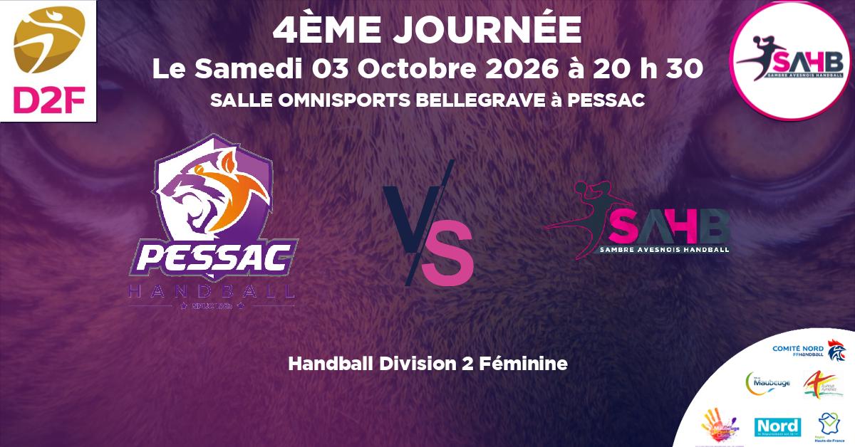 Division 2 Féminine handball, STADE PESSACAIS CLUB VS SAMBRE AVESNOIS - SALLE OMNISPORTS BELLEGRAVE à PESSAC à 20 h 30